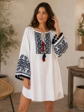 Benaras By Etc White Embroidered Boho Tunic Dress Lg Cotton Linen Tassel Peasant